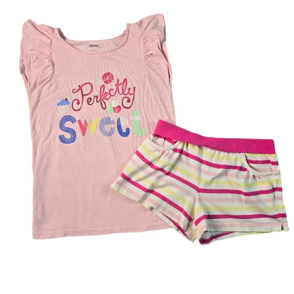 Gymboree Perfectly Sweet 2pc Short Set‎ Girls Large Pink Striped Flutter Sleeve